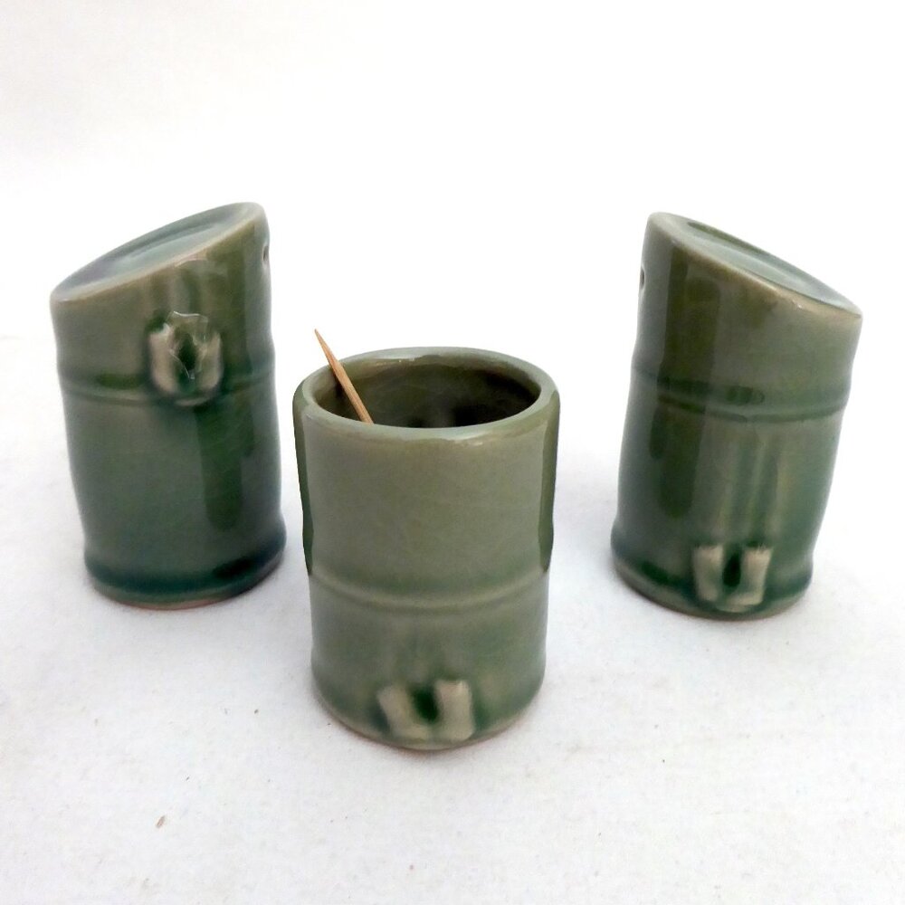 VINTAGE JAPAN CERAMIC BAMBOO SHAPED SALT PEPPER SHAKER TOOTHPICK HOLDER SET